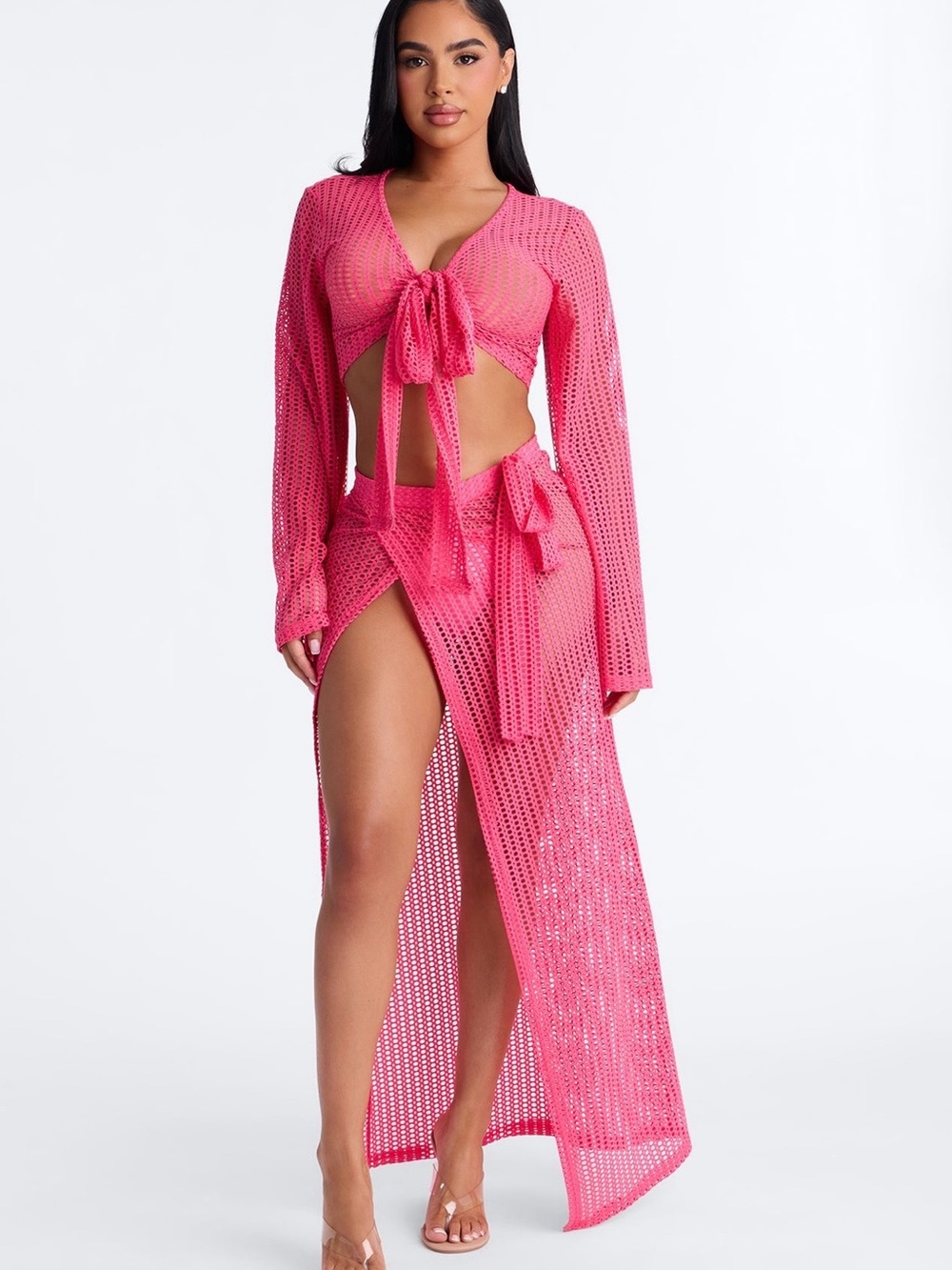 Fashion Nova Hot Pink Crochet Tie-Front Coverup Set